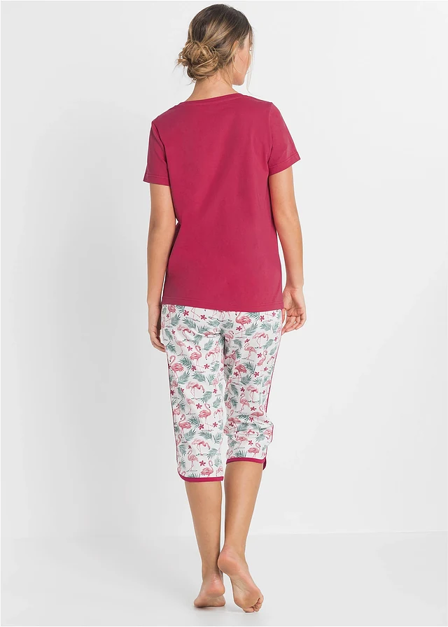 Capri pyjama van puur katoen, Kleur: granaatappelrood met print