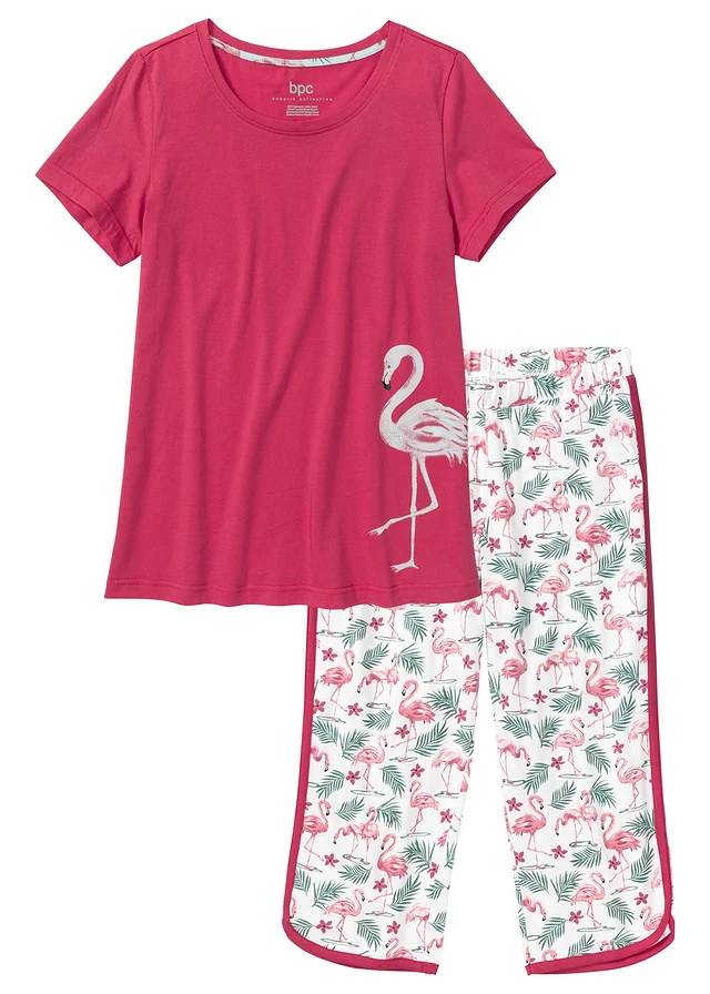 Capri pyjama van puur katoen, Kleur: granaatappelrood met print