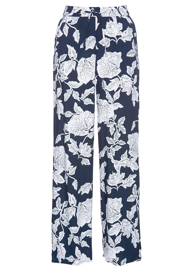 Pantalon palazzo imprimé en viscose • bleu foncé-blanc imprimé • Boutique bonprix