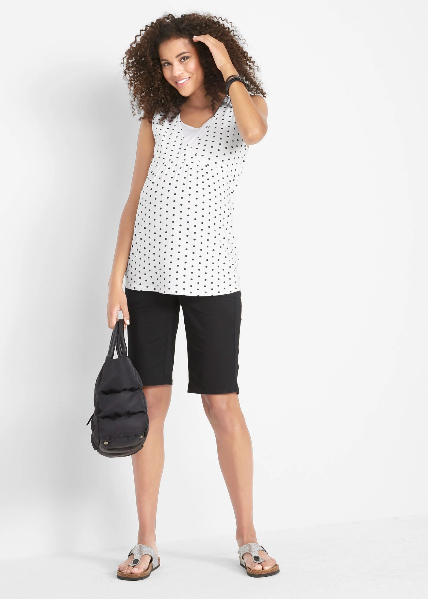Lot de 2 tops de grossesse/d’allaitement • noir uni + blanc à pois • Boutique bonprix