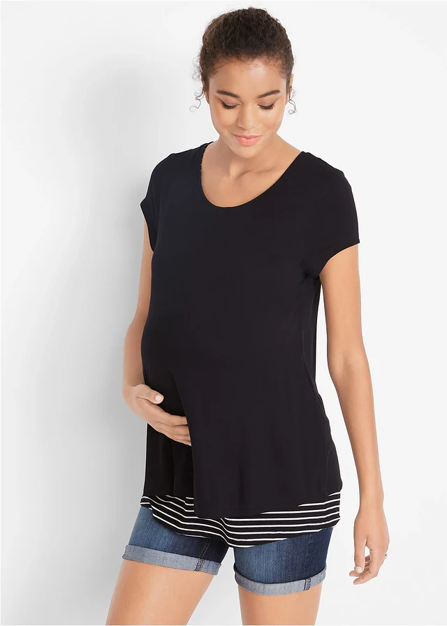 2-in-1 zwangerschapsshirt / voedingsshirt van viscose, Kleur: zwart/wit gestreept