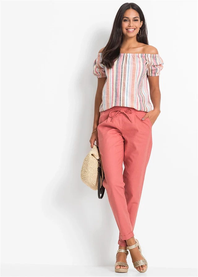 Carmen blouse, Kleur: rood-beige gestreept