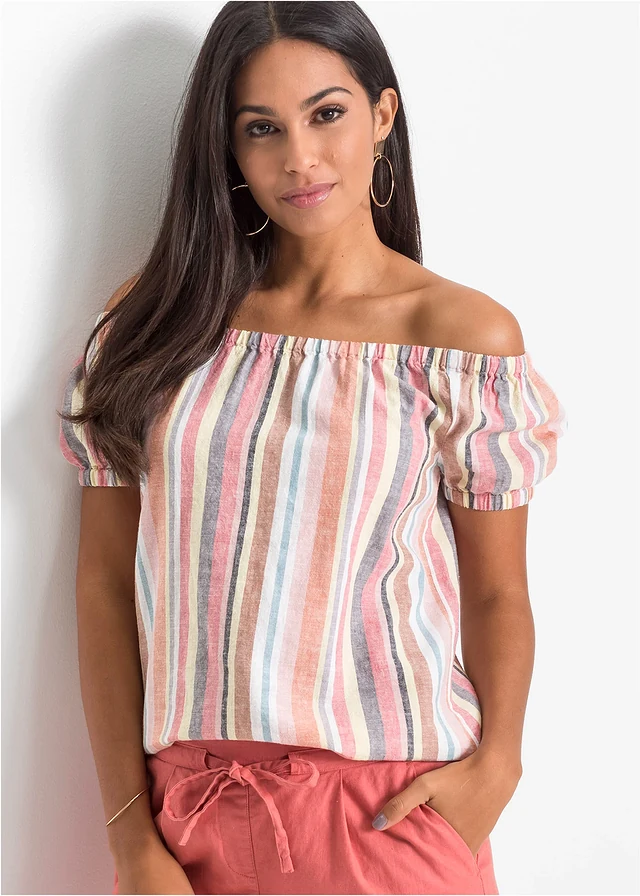 Blouse encolure Bardot, Couleur: rouge/beige rayé