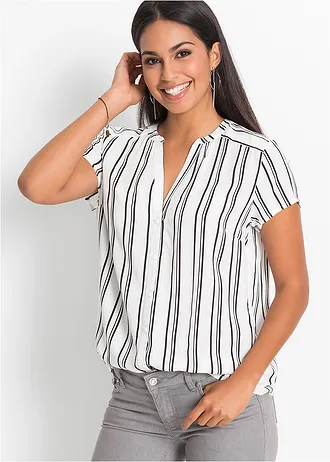 Blouse van viscose met korte mouwen, Kleur: wit-zwart gestreept