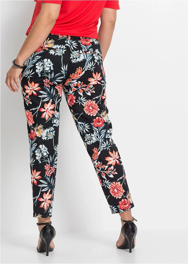 7/8 stretch broek, Kleur: zwart gebloemd