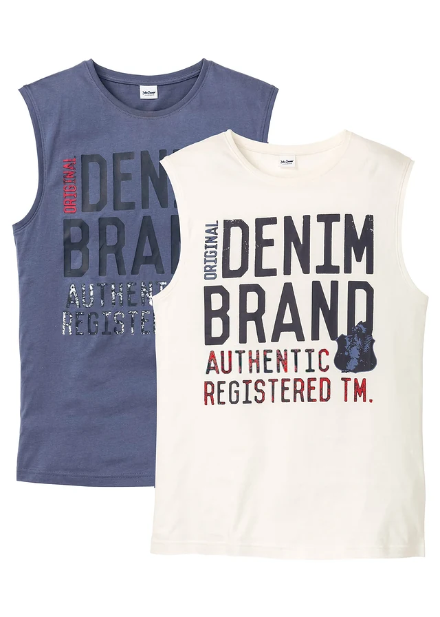 Muscle shirt van puur katoen (set van 2), Kleur: indigo+wolwit met print