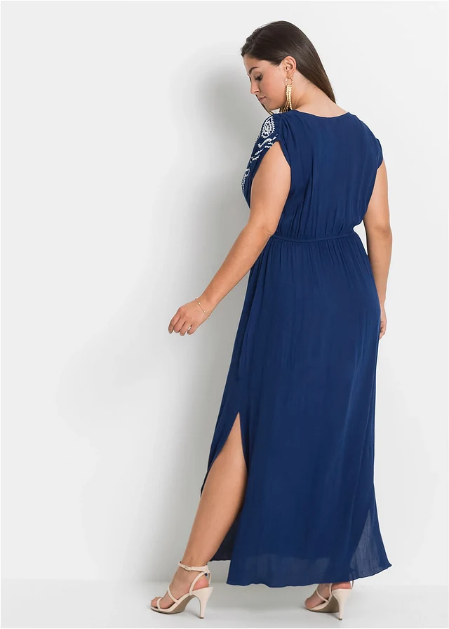 Robe longue en viscose, Couleur: bleu marine/écru