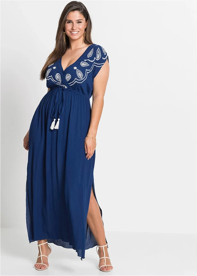 Robe longue en viscose, Couleur: bleu marine/écru