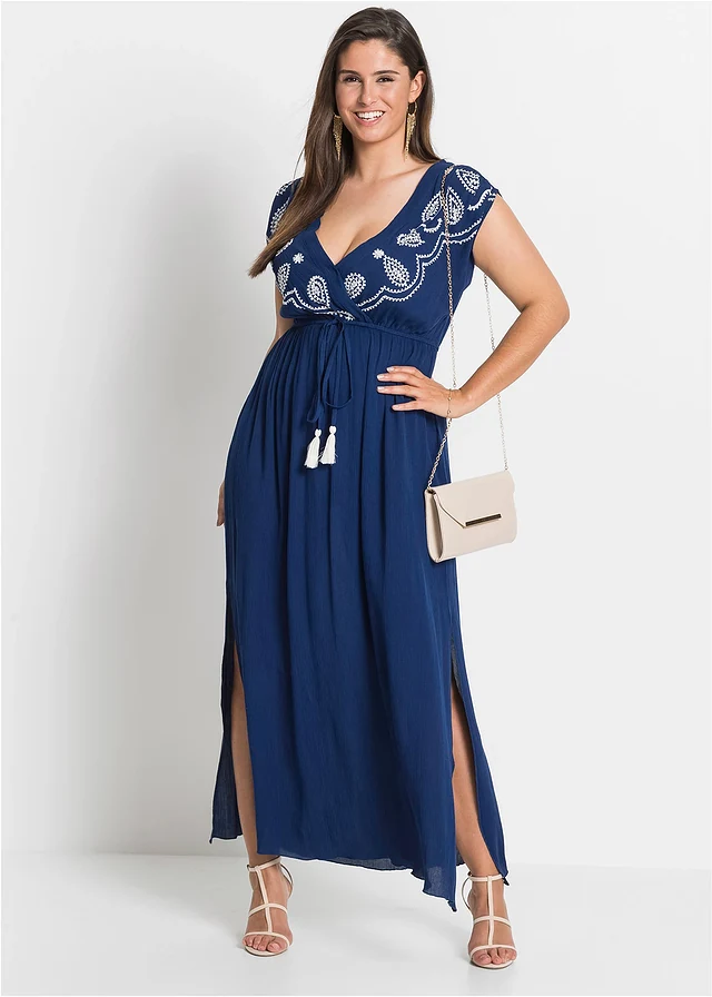 Robe longue en viscose, Couleur: bleu marine/écru