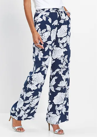 Palazzo broek van soepele viscose, Kleur: donkerblauw/wit gebloemd