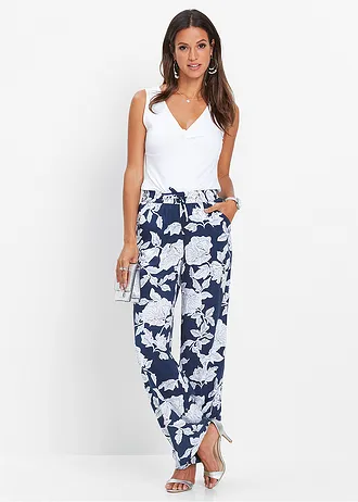 Palazzo broek van soepele viscose, Kleur: donkerblauw/wit gebloemd