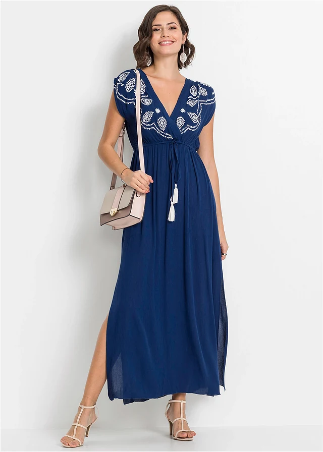 Robe longue en viscose, Couleur: bleu marine/écru
