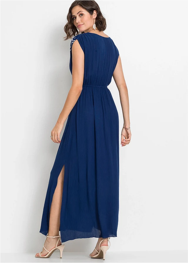 Robe longue en viscose, Couleur: bleu marine/écru