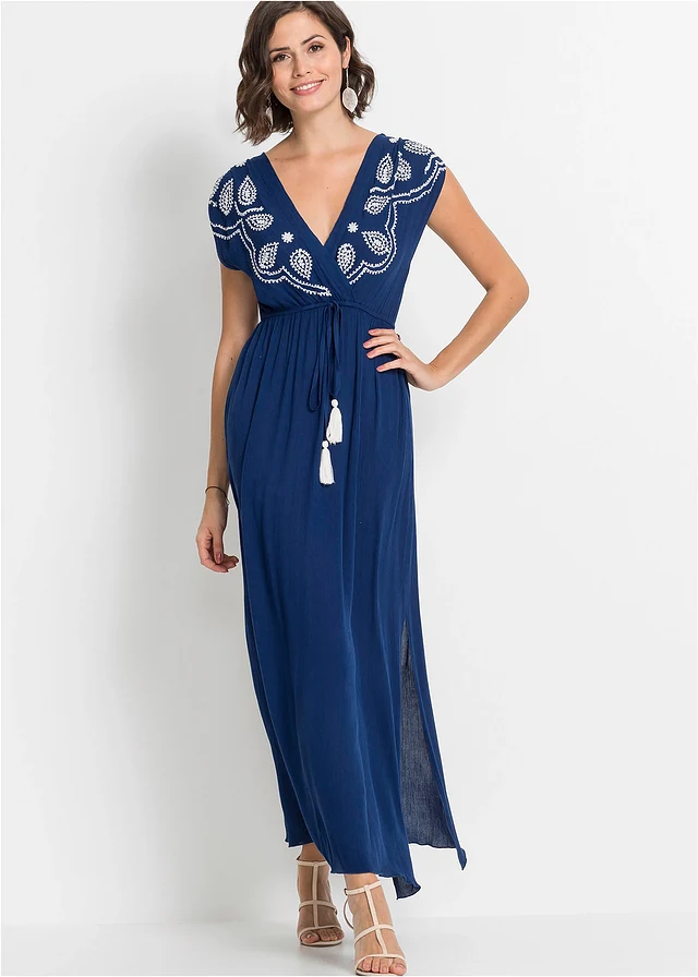 Robe longue en viscose, Couleur: bleu marine/écru