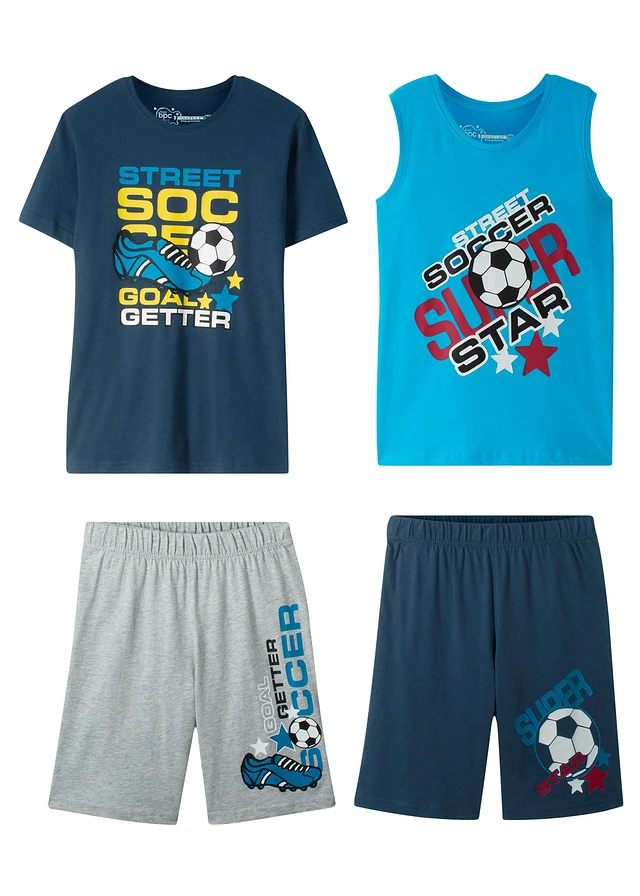 Jongens T-shirt, tanktop en bermuda's (4-dlg. set), Kleur: donkerblauw-turkooi -grijs gemêleerd