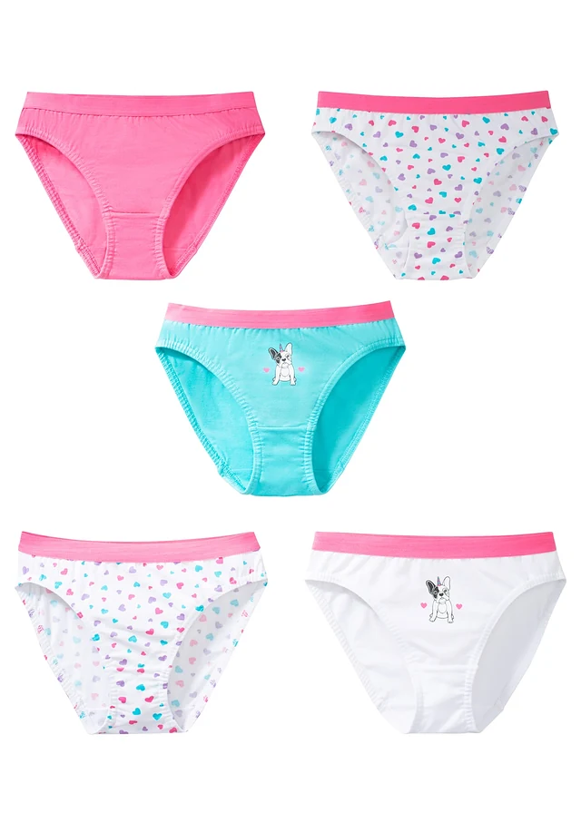Meisjes slip (set van 5) met biologisch katoen, Kleur: aqua-flamingopink-lila