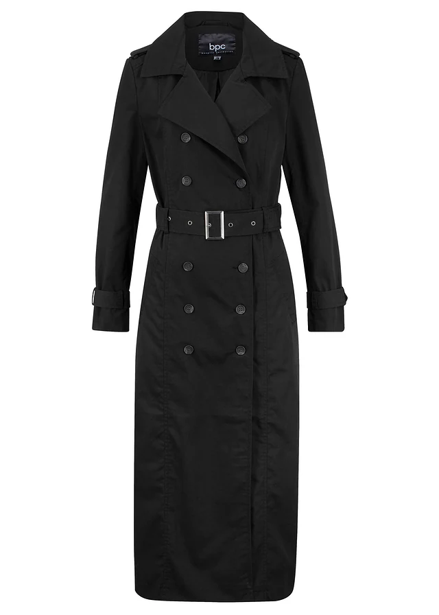 Trench-coat long ceinturé à la taille, Couleur: noir