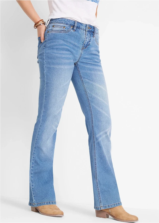 Jean bootcut taille mi-haute, extensible, Couleur: denim bleu clair used