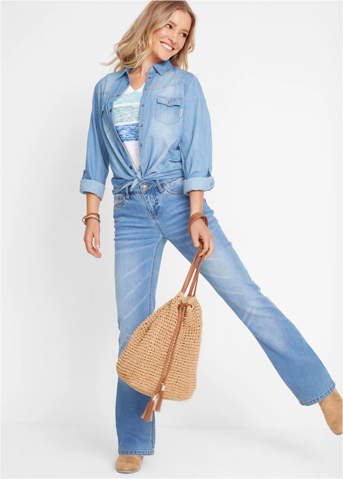 Jean bootcut taille mi-haute, extensible • bleu clair used • Boutique bonprix