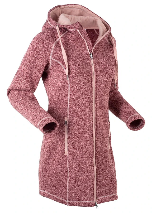 Veste longue polaire à capuche, Couleur: rouge érable/rose vintage chiné
