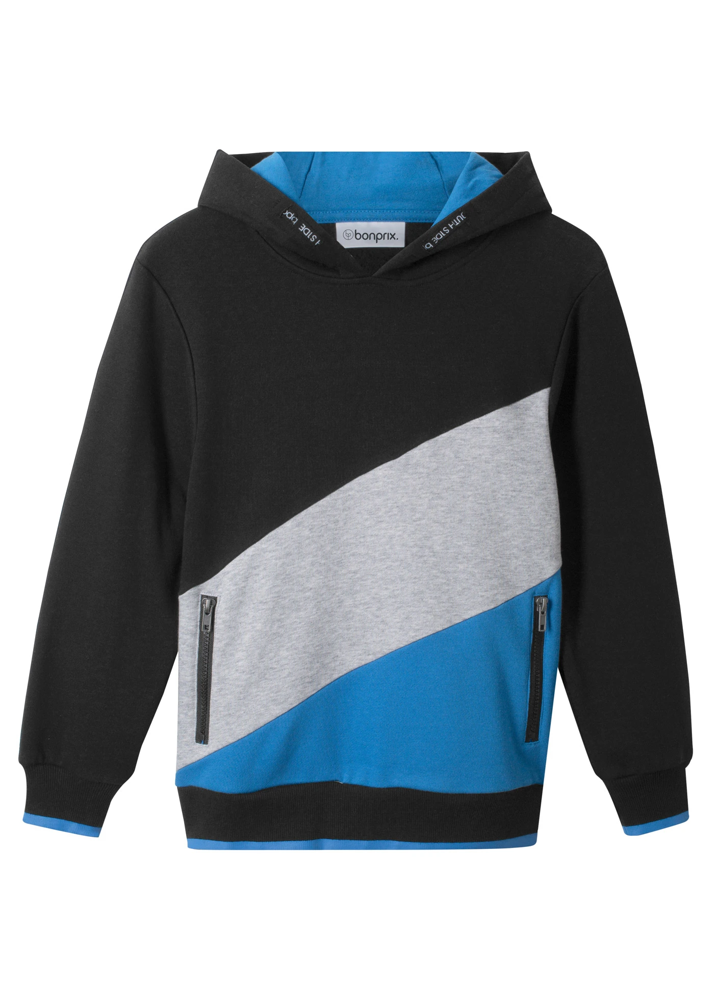 Sweat à capuche 100% coton • noir-gris clair chiné-bleu glacier imprimé • Boutique bonprix