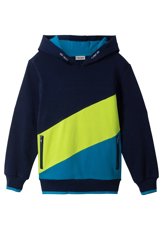 Sweat à capuche 100% coton, Couleur: bleu foncé-turquoise foncé-tilleul imprimé