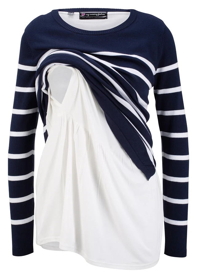 Pull de grossesse et d’allaitement en maille légère, Couleur: bleu foncé-blanc rayé