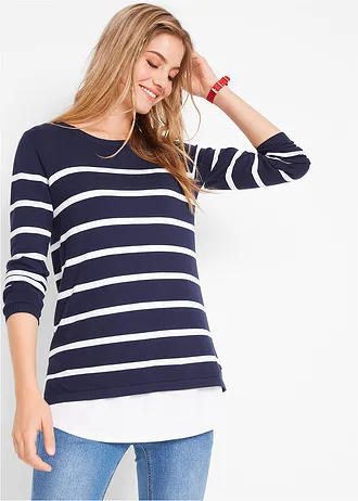 Pulover 2 în 1 pentru gravide cu funcție pentru alăptare, culoare: bleumarin/alb cu dungi