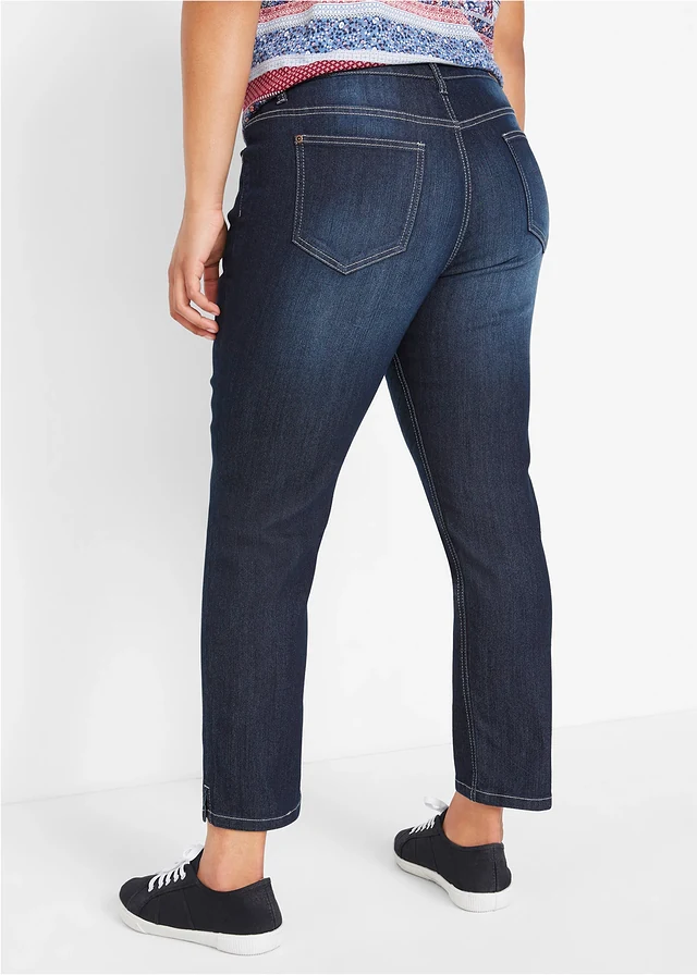 Jean 7/8 extensible, bas fendu, Couleur: bleu foncé used