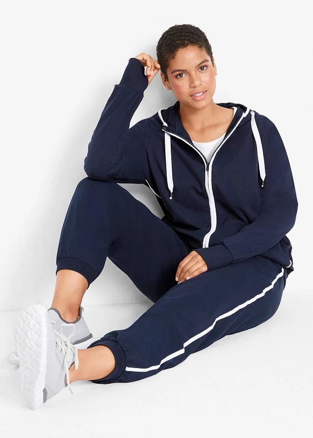 Sweat zippé en coton extensible, Couleur: bleu foncé