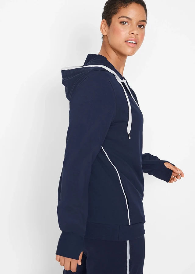 Sweat zippé en coton extensible, Couleur: bleu foncé