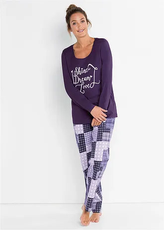 Pijama din bumbac organic 100% • lila închis cu imprimeu • magazin bonprix