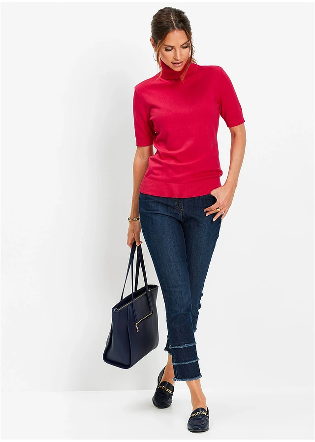 Pull col roulé à manches courtes, Couleur: rouge grenat