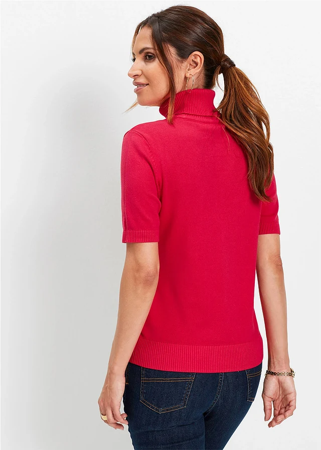 Pull col roulé à manches courtes, Couleur: rouge grenat