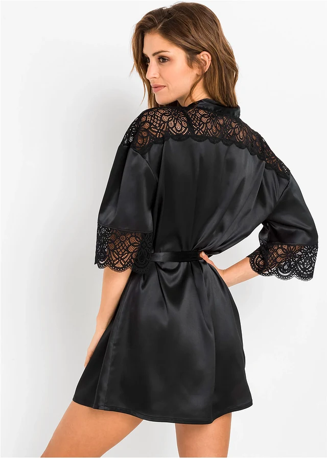 Kimono en satin brillant, Couleur: noir