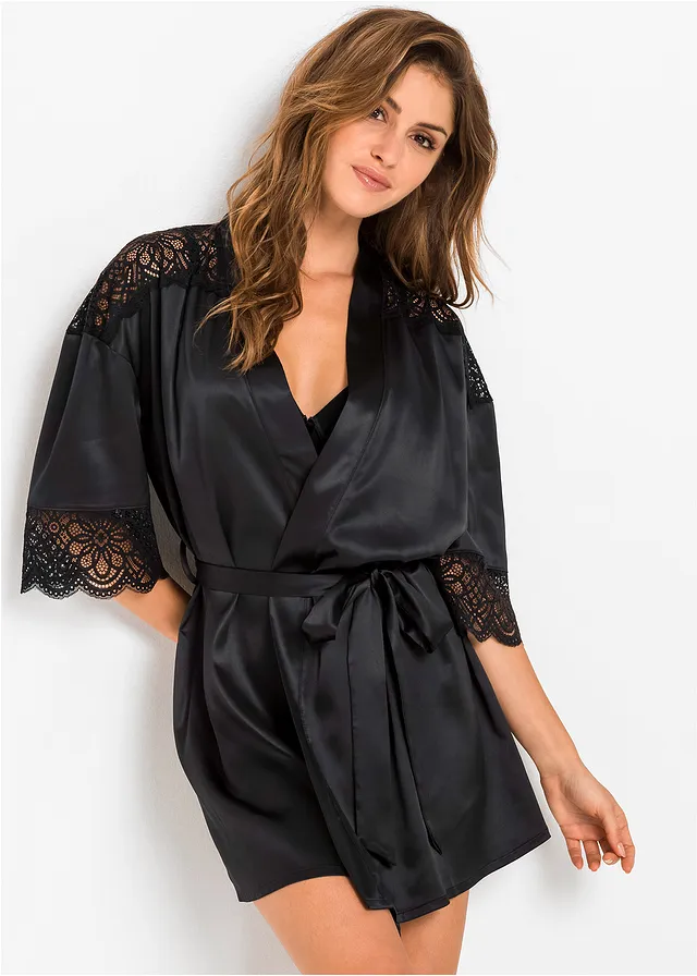 Kimono en satin brillant, Couleur: noir