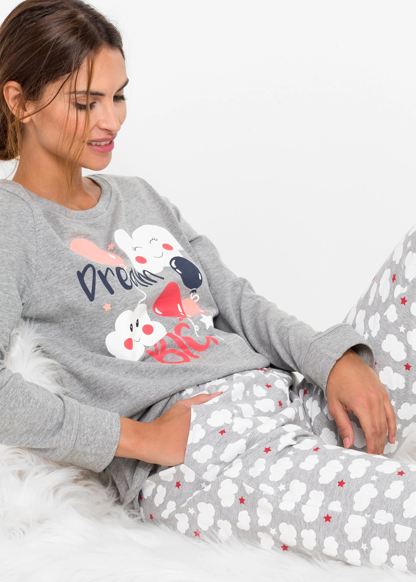 Pijama cu bumbac organic • gri melanj cu imprimeu • magazin bonprix