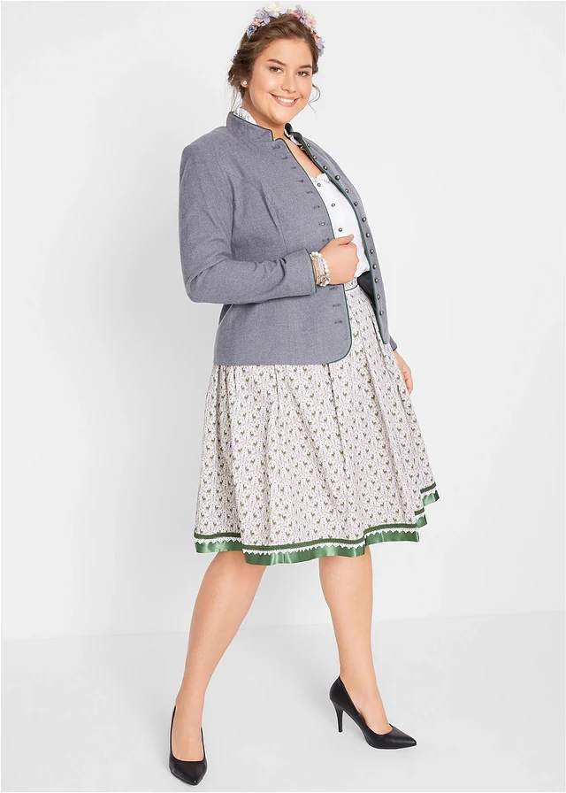 Tiroler rok, knielang • mat zilver-varengroen-wit plus size • product-page.page-title-suffix