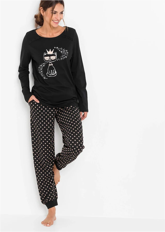Pijama din bumbac organic 100%, culoare: negru cu imprimeu