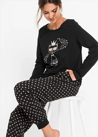 Pijama din bumbac organic 100% • negru cu imprimeu • magazin bonprix