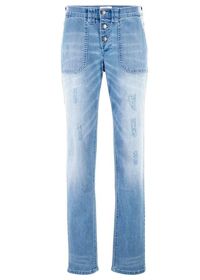 Jean boyfriend taille mi-haute, stretch confort, Couleur: bleu clair denim used