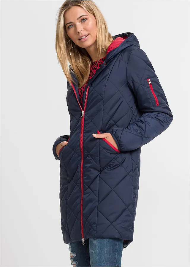 Manteau matelassé bicolore à capuche, Couleur: bleu foncé-rouge foncé
