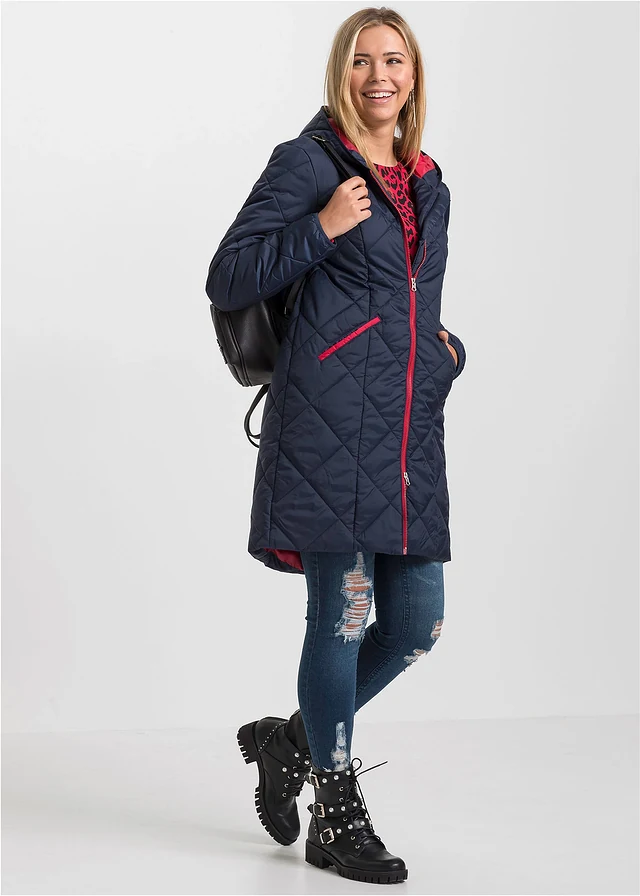 Manteau matelassé bicolore à capuche, Couleur: bleu foncé-rouge foncé