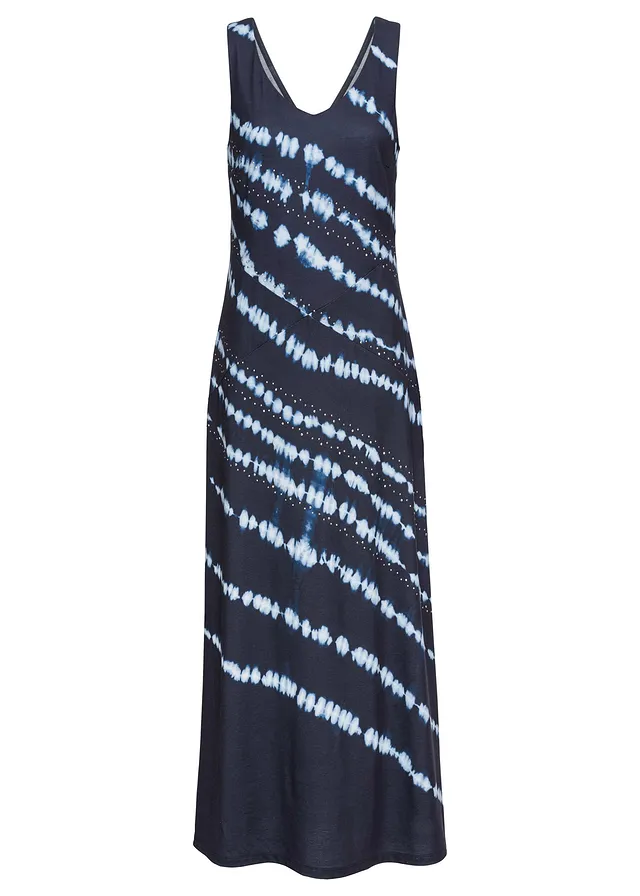 Robe longue effet batik • bleu foncé-blanc cassé imprimé • Boutique bonprix