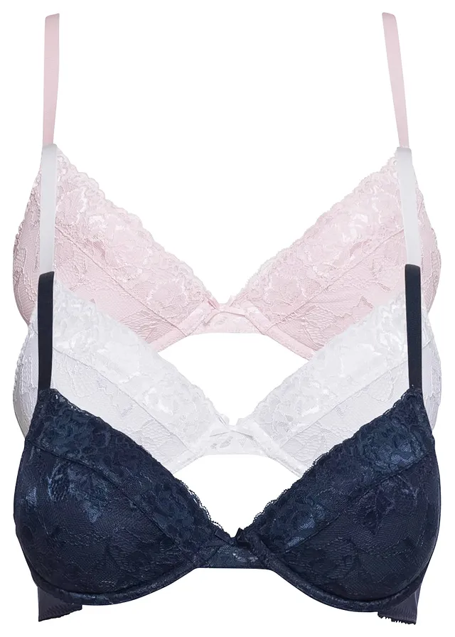 Push up bh met fijn kant (set van 3), Kleur: donkerblauw+lichtroze+wit