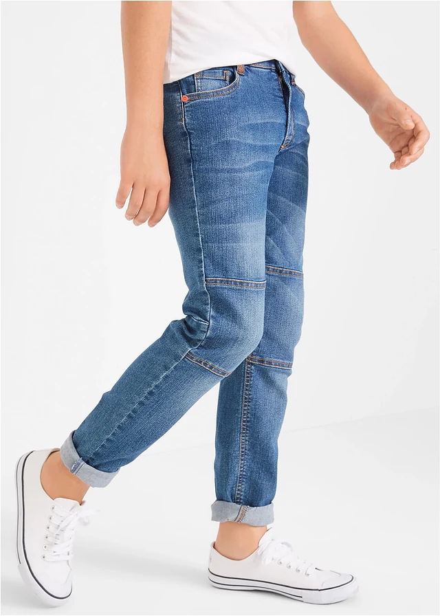 Stretch jeans met mid waist en verstevigde knieën, straight • blauw denim • product-page.page-title-suffix