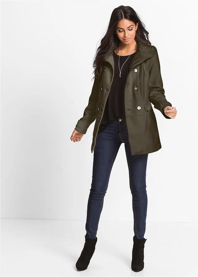 Korte coat, korte maten, Kleur: donkerolijfgroen