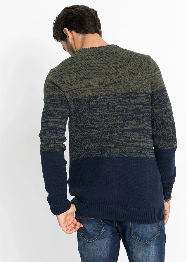 Gebreide comfort fit trui van katoen, Kleur: donkerolijfgroen donkerblauw horizontaal gestreept