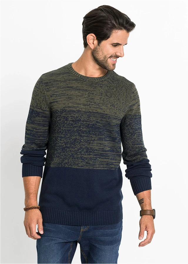Pull doux en fine maille, coupe ventre confort, Couleur: olive foncé/bleu foncé rayé