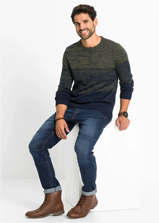 Pull doux en fine maille, coupe ventre confort, Couleur: olive foncé/bleu foncé rayé